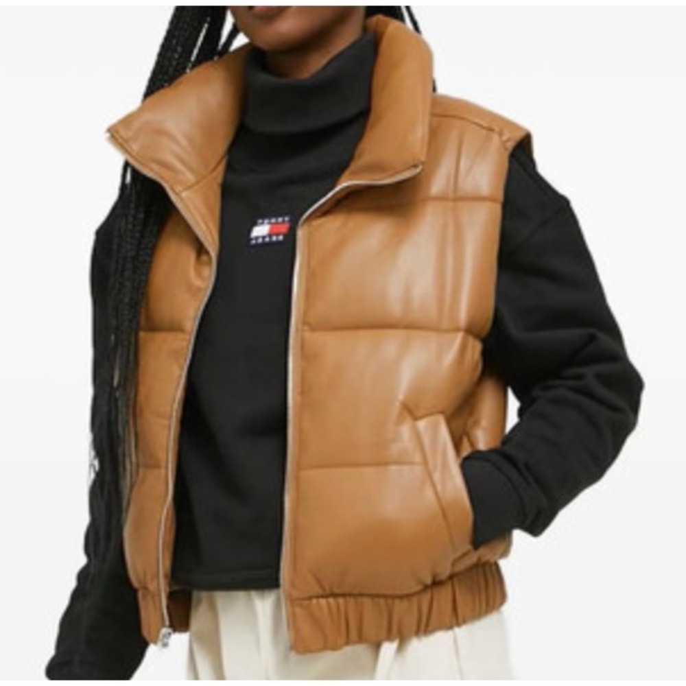 NWT Abercrombie & Fitch Ultra Stand Collar Vegan Leather Puffer Vest Tan Brown S